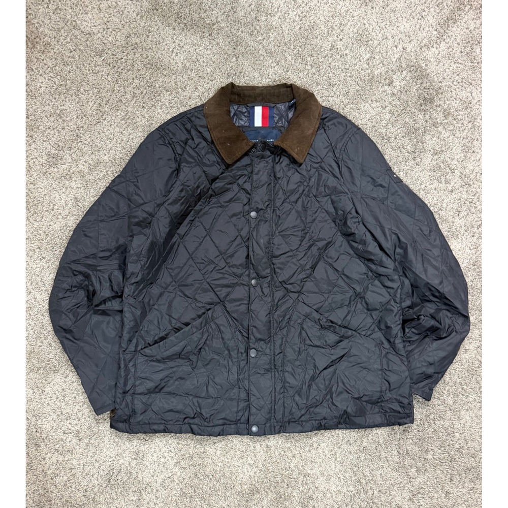 Tommy Hilfiger Mens XL Quilted Barn Jacket Navy Blue Corduroy Collar Insulated